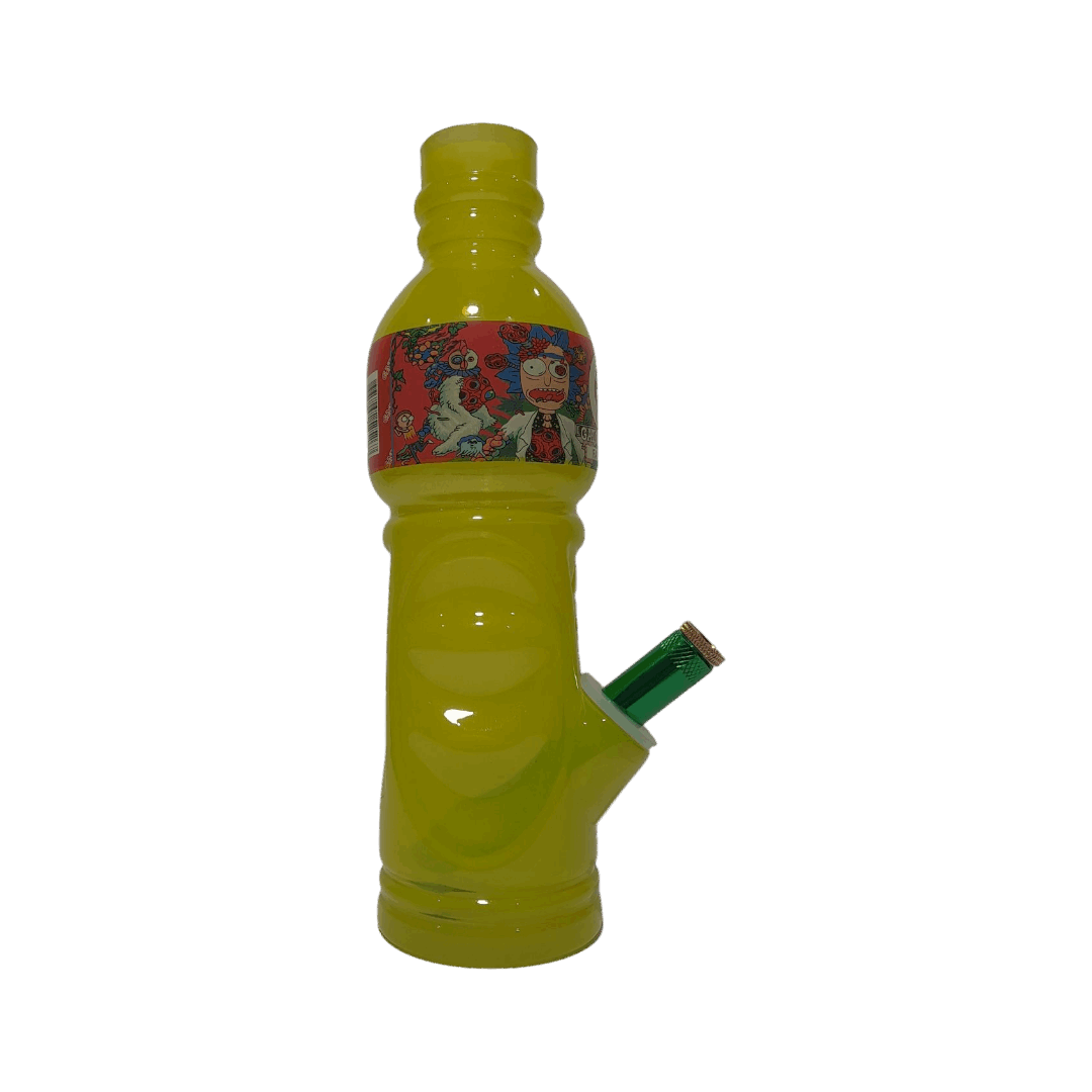 Yellow bottle with a colorful label and green nozzle on a white background
