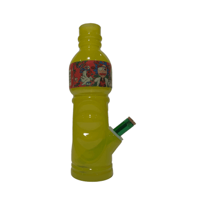 Yellow bottle with a colorful label and green nozzle on a white background