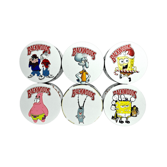 Set of six circular stickers featuring cartoon characters with 'Backwoods' text on a white background.