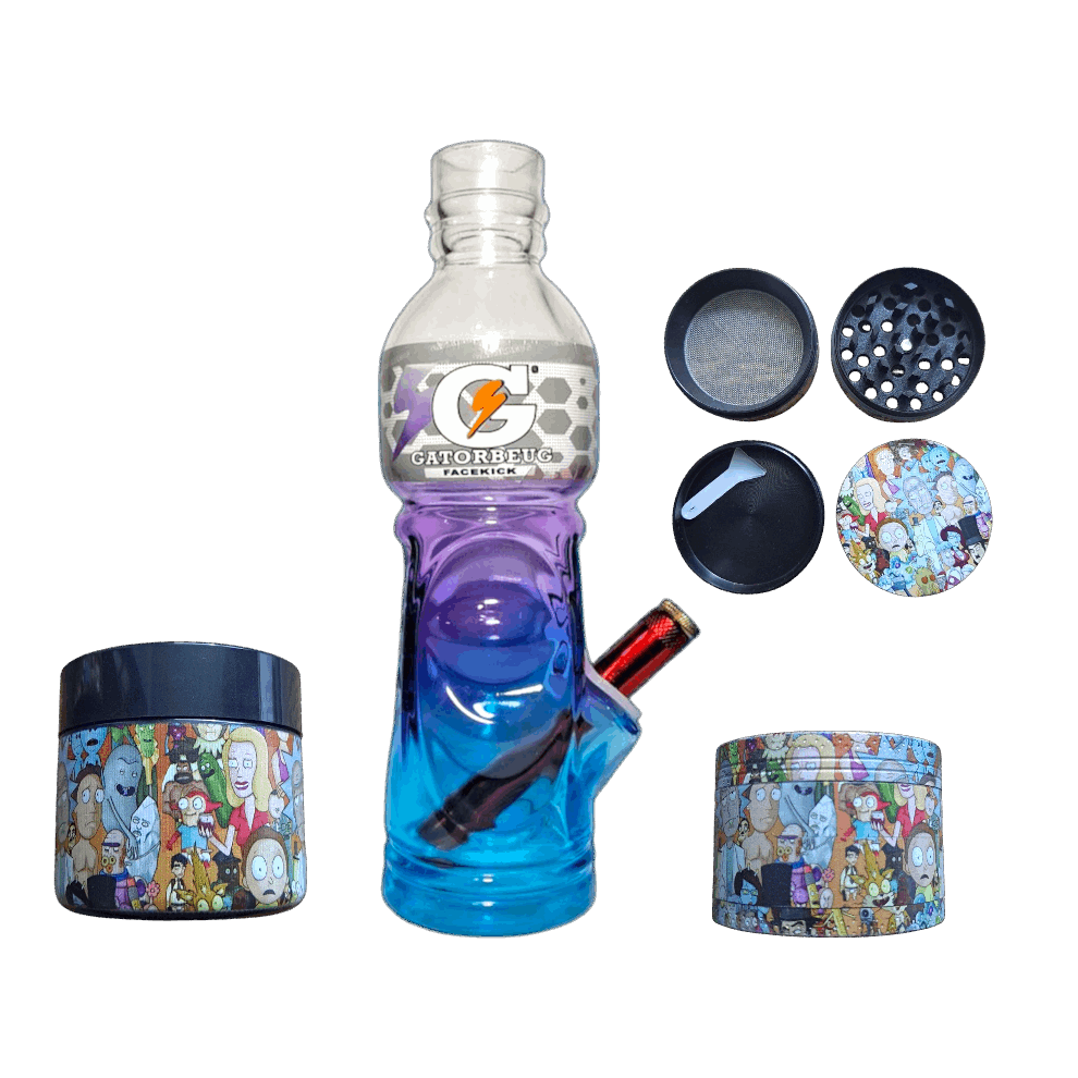 Gatorade bottle with colorful lids and a smoking device on a white background