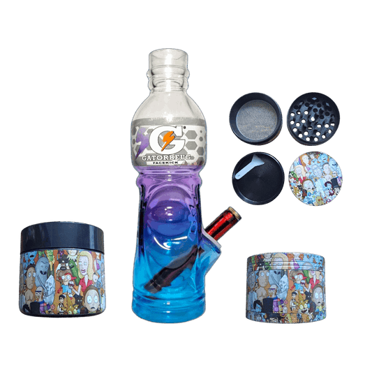 Gatorade bottle with colorful lids and a smoking device on a white background