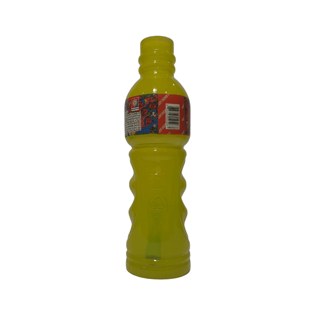 Yellow bottle with a colorful label on a white background