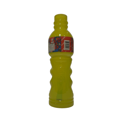 Yellow bottle with a colorful label on a white background