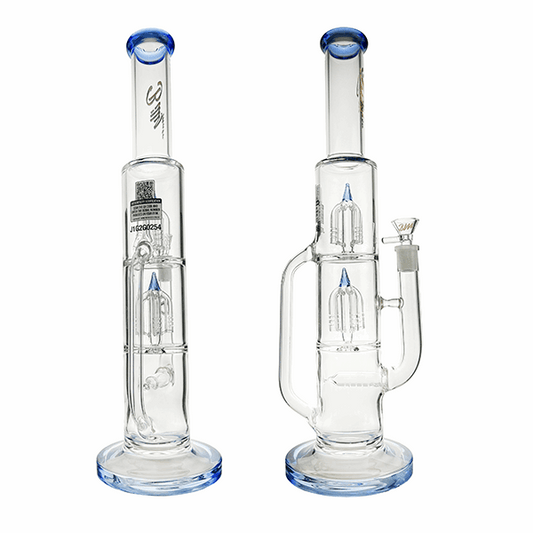 Two glass water pipes with blue accents on a white background