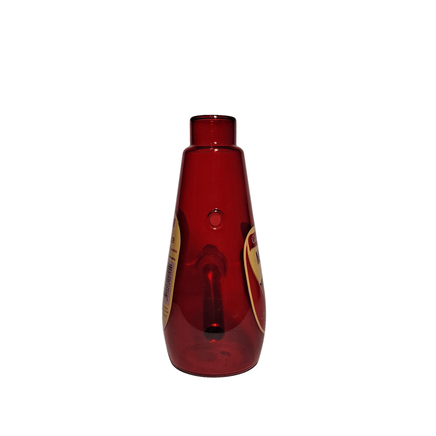 Red bottle with a label on a white background