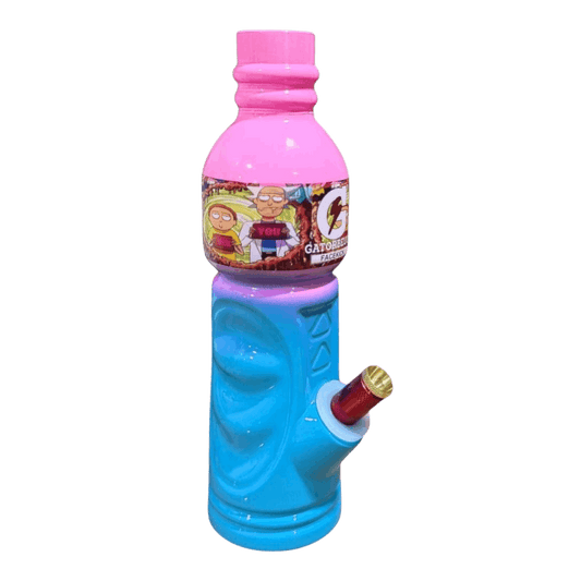 Pink and blue bottle with a hose attachment on a white background