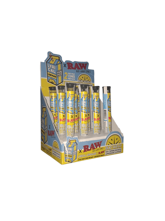 Display box of RAW rolling paper with multiple packs on a white background