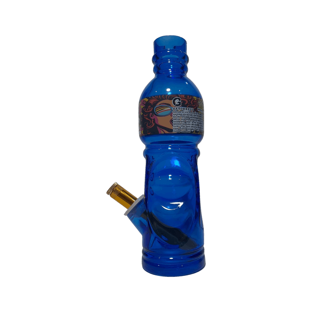 Blue water bottle with a smoking device attached on a white background