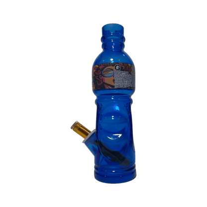 Blue water bottle with a smoking device attached on a white background