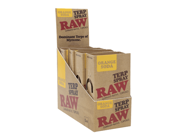 Display of Raw Terp Spray boxes with 'Orange Soda' flavor on a white background