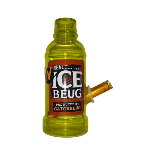 Yellow bottle with a label reading 'ICE BEUG' on a white background
