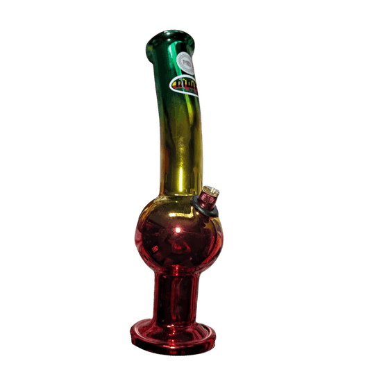 This image displays the MWP Rainbow Bubble, a striking 25cm tall bong known for its vibrant, rainbow-colored glass. The bong features a sturdy base for stability and a bulbous upper part for efficient filtration.
