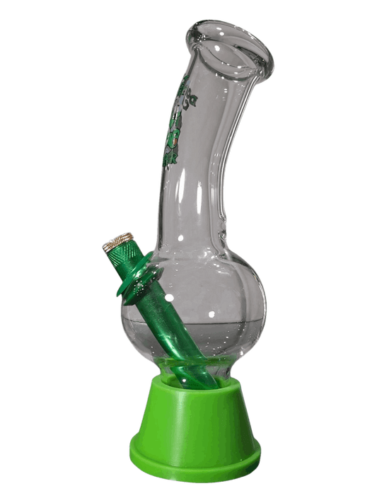 Clear glass water pipe with green base and accents on a white background