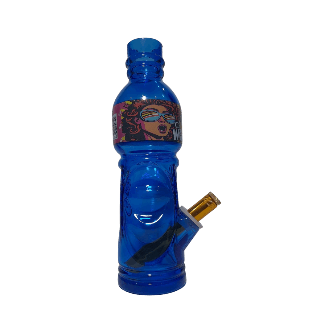 Blue water bottle modified with a smoking device on a white background