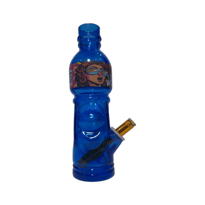 Blue water bottle modified with a smoking device on a white background