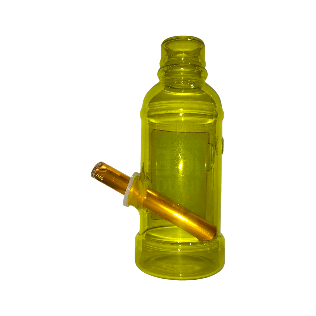 Yellow plastic bottle with a gold-colored component on a white background