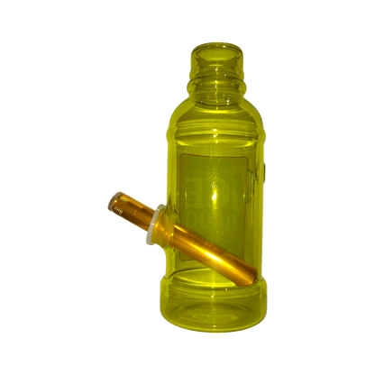Yellow plastic bottle with a gold-colored component on a white background