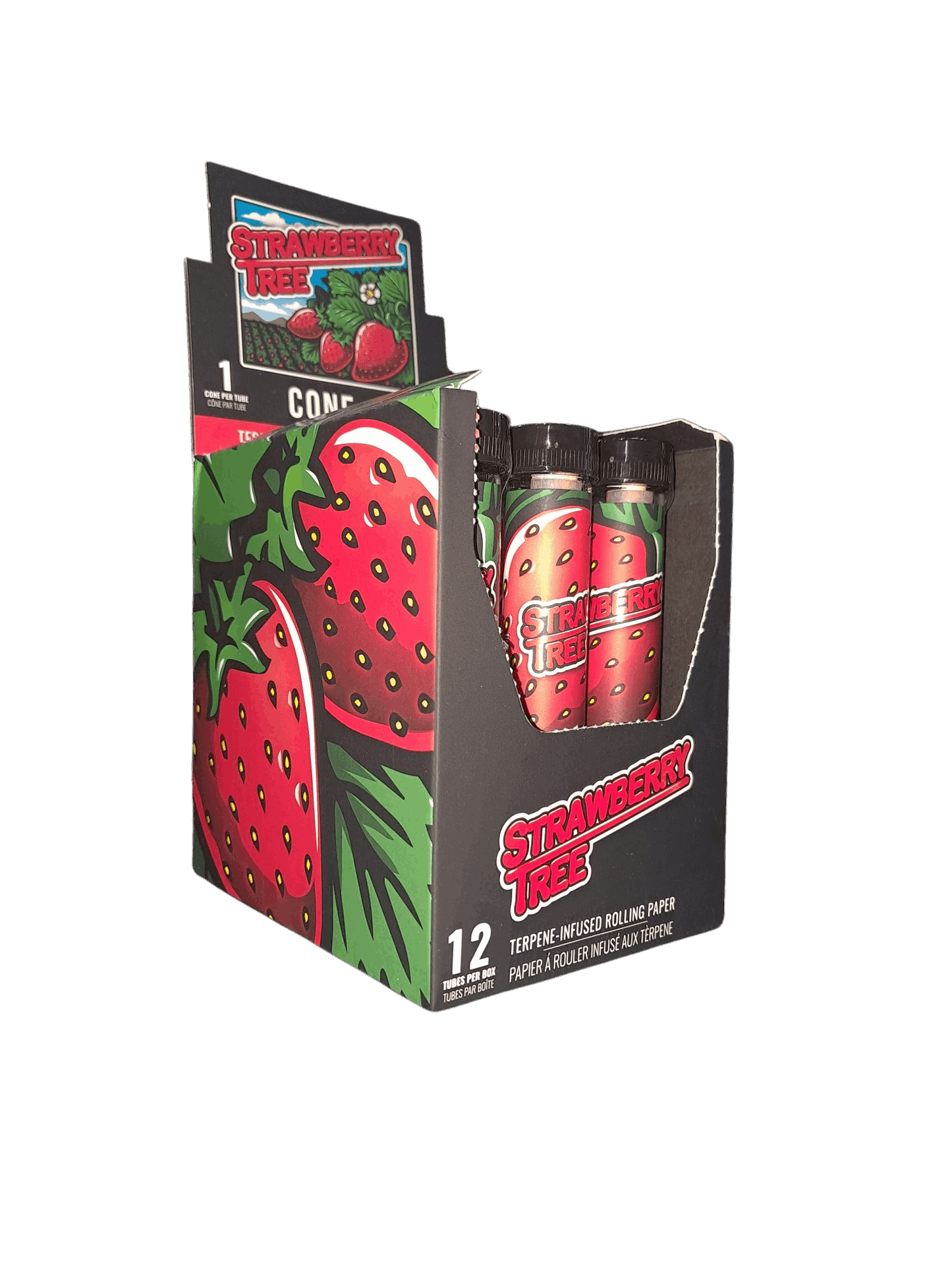 Packaging of Strawberry Fields rolling paper with strawberry design on a white background