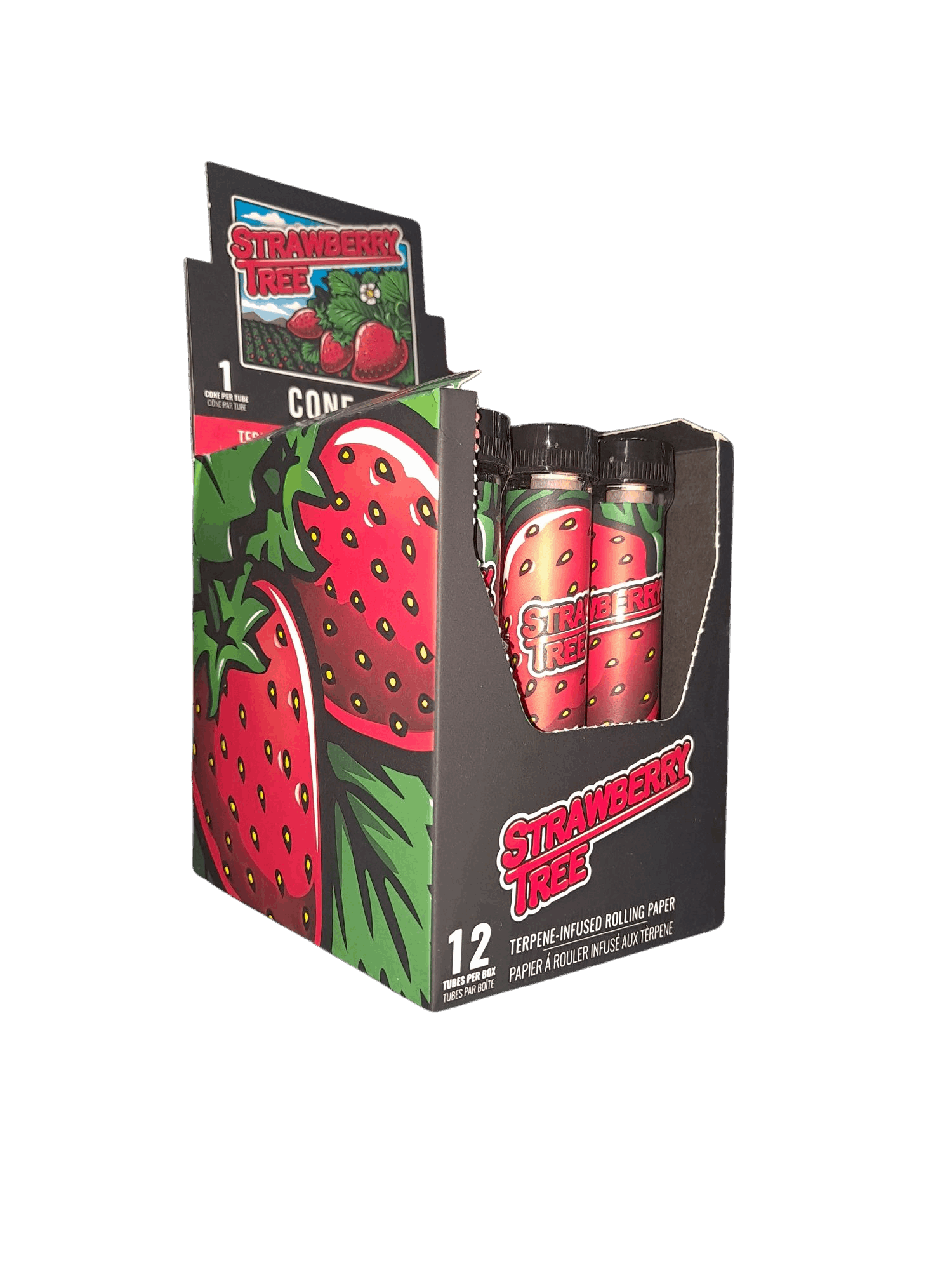Packaging of Strawberry Fields rolling paper with strawberry design on a white background