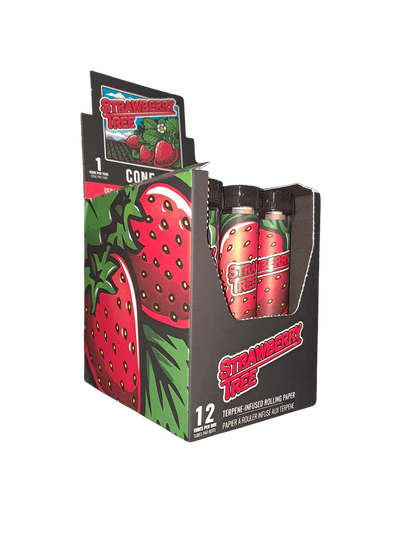 Packaging of Strawberry Fields rolling paper with strawberry design on a white background