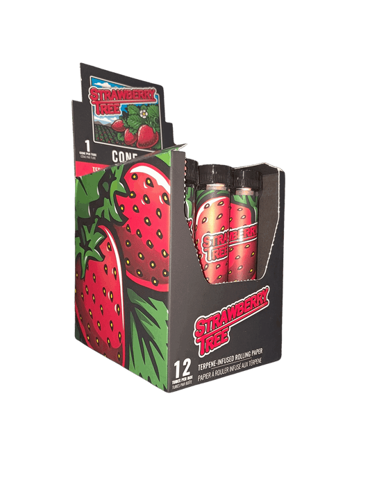 Packaging of Strawberry Fields rolling paper with strawberry design on a white background