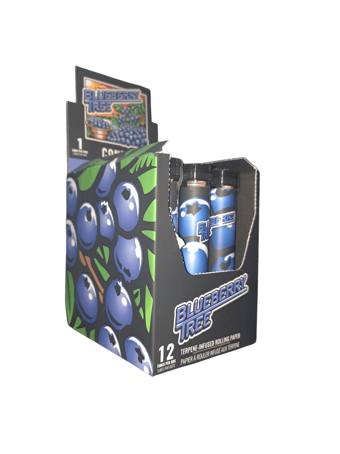 Box of Blueberry Tree rolling paper with blueberries on a white background