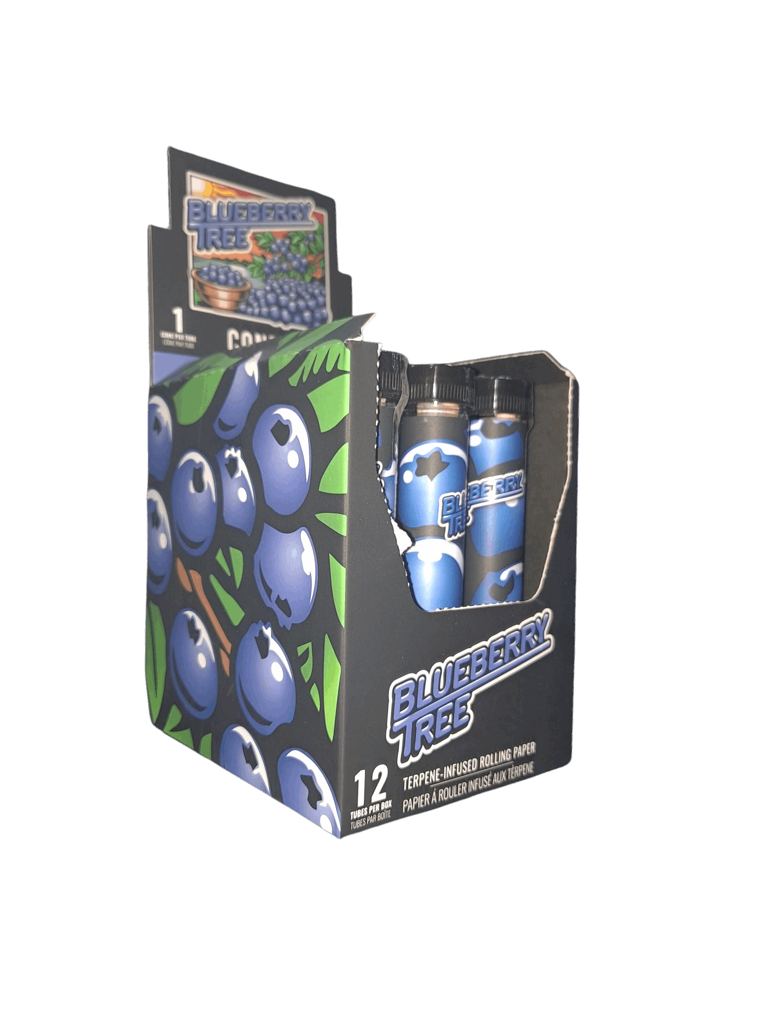 Box of Blueberry Tree rolling paper with blueberries on a white background