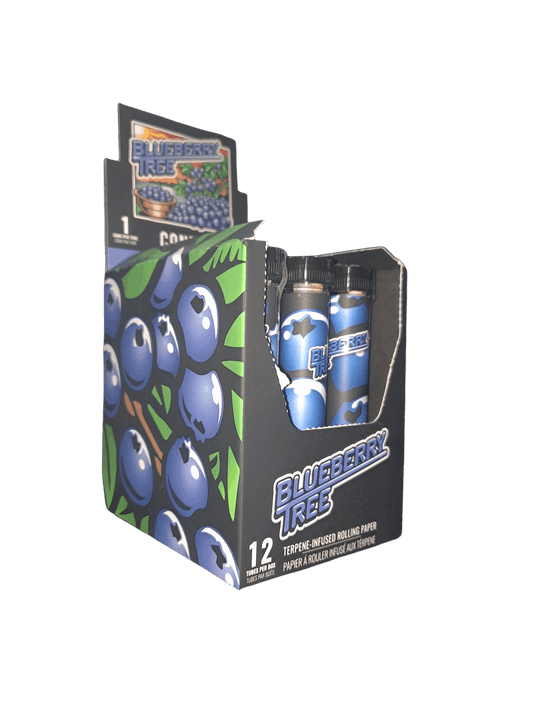 Box of Blueberry Tree rolling paper with blueberries on a white background