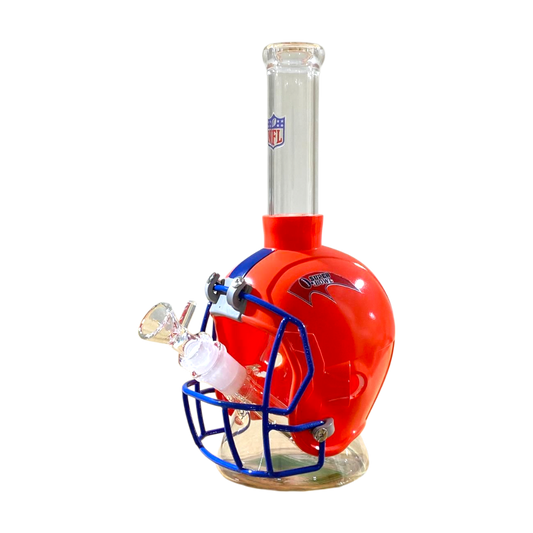 Glass smoking device shaped like a football helmet with NFL logo on a white background
