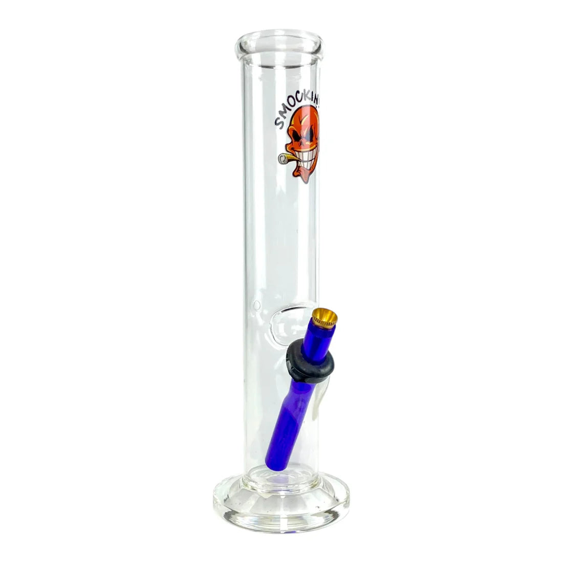 Clear glass smoking device with blue accent on a white background
