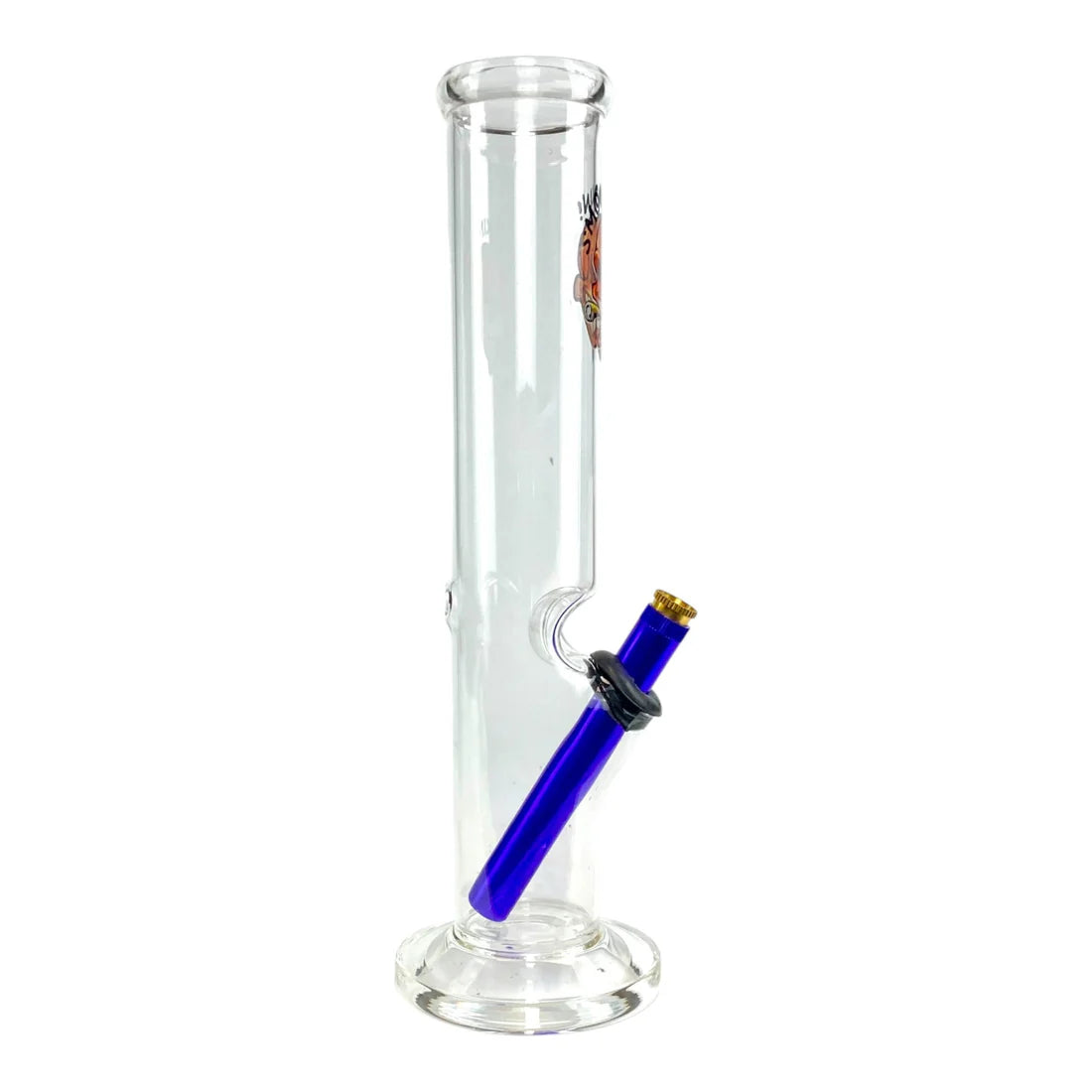 Clear glass smoking device with a blue accent on a white background