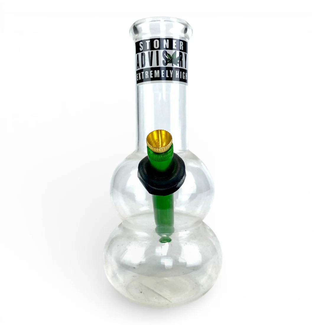 Glass smoking device with a label on a white background