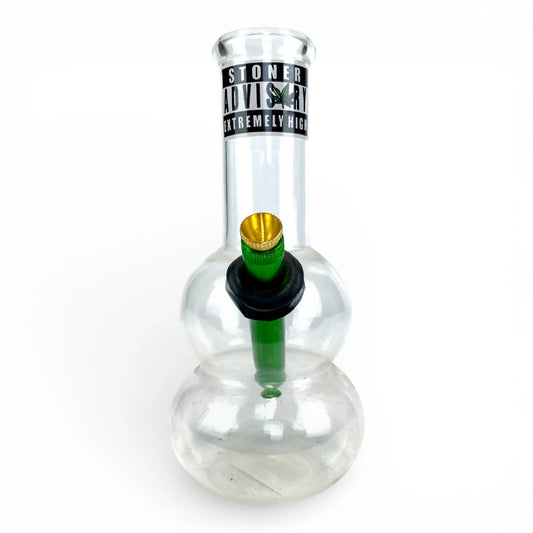 Glass smoking device with a label on a white background