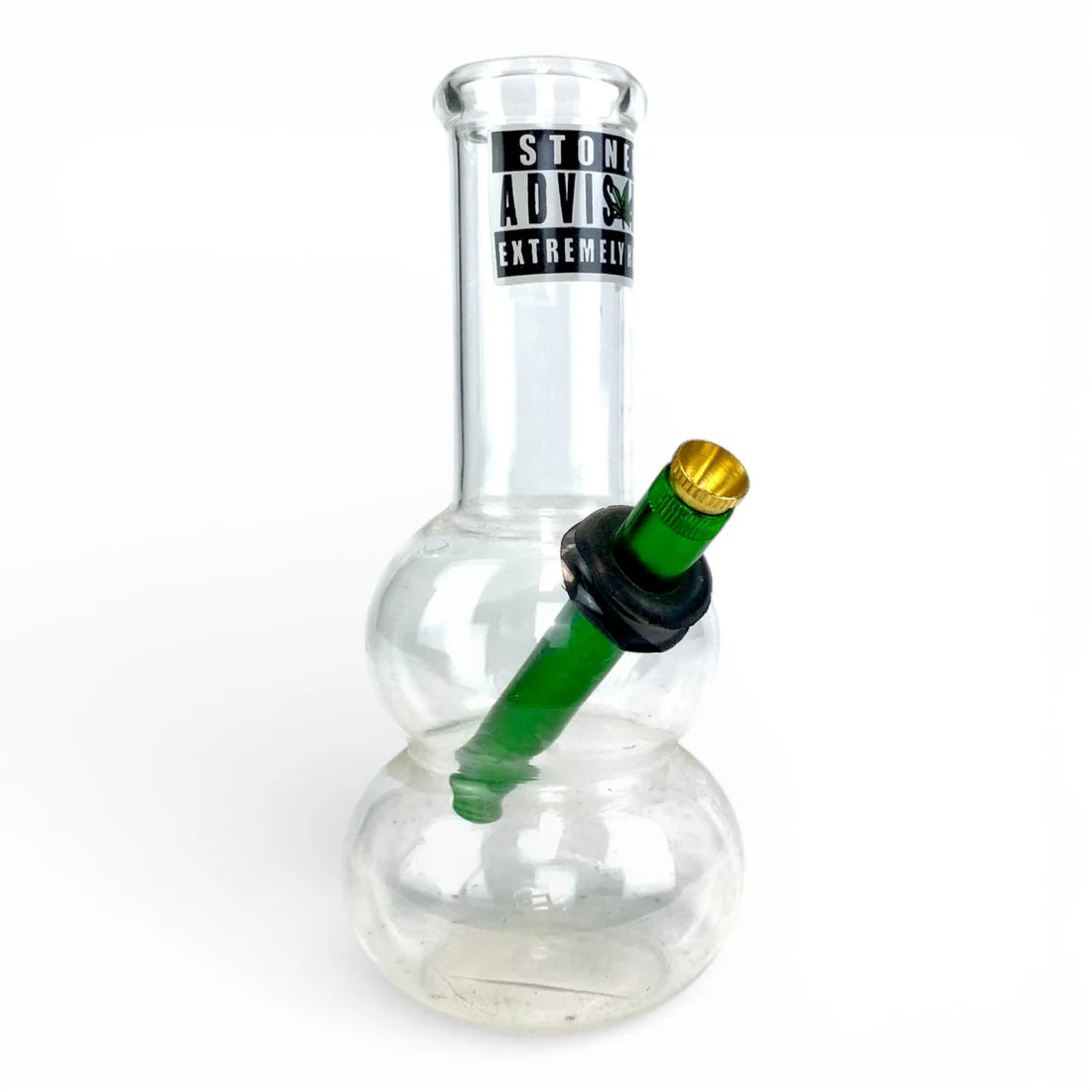 Clear glass smoking device with green accent and 'Stone Advice Extreme' label on a white background