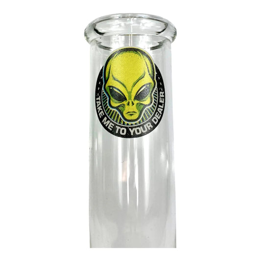 Clear glass vase with alien head design and text on a white background