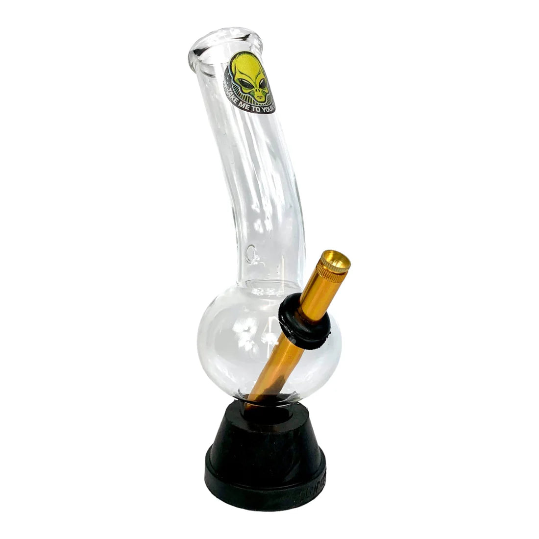 Glass smoking device with a black base and gold accent on a white background