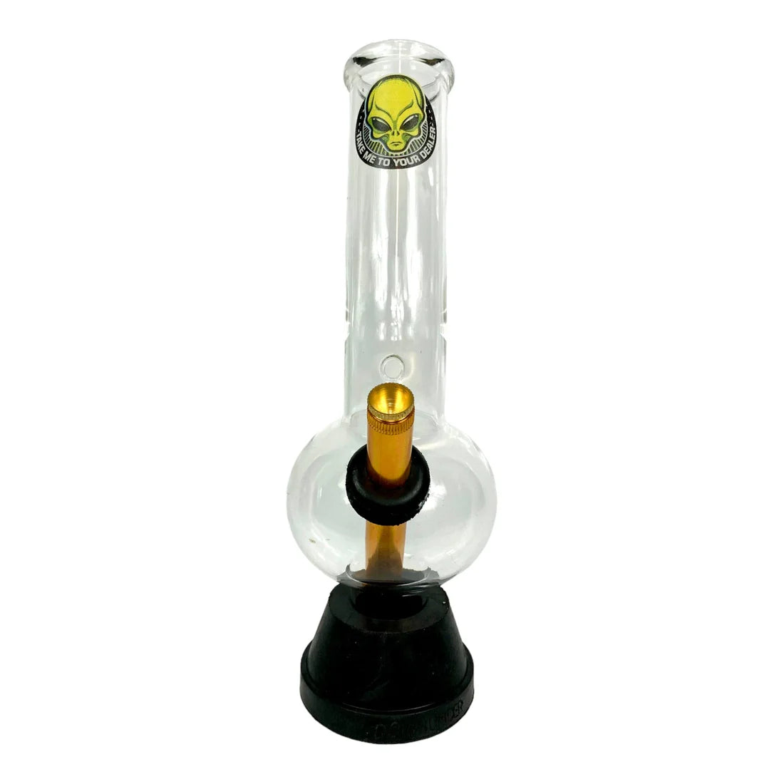 Clear glass smoking device with black base and gold accent on a white background