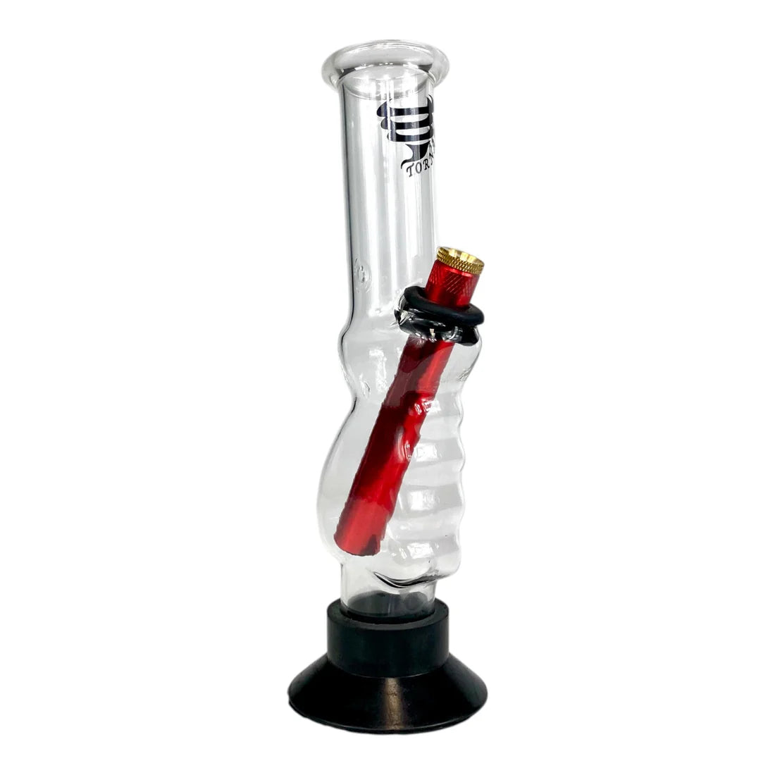 Glass smoking device with red accent on a white background