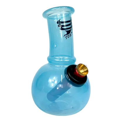 Blue glass bong with a black and gold accent on a white background