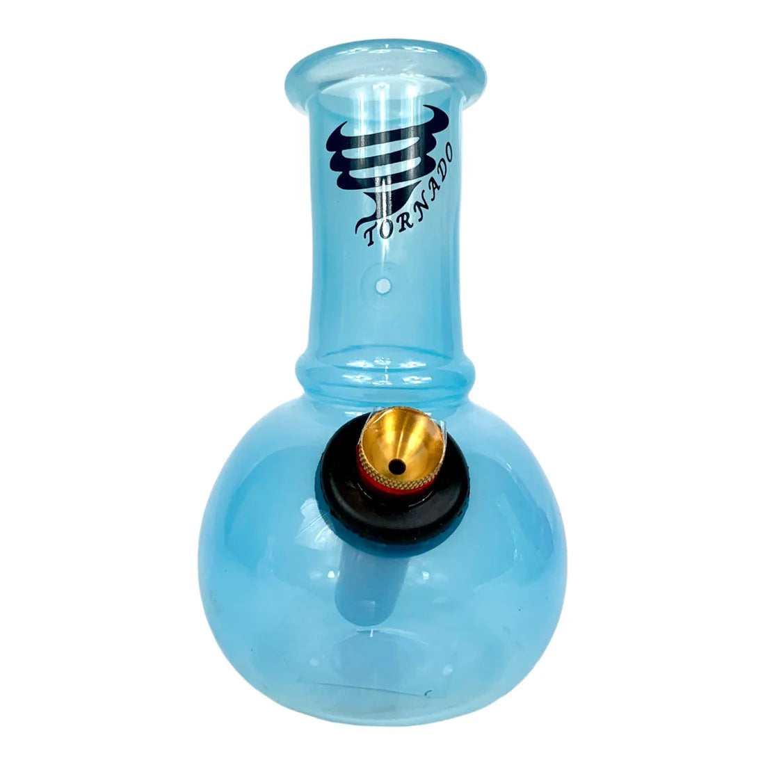 Blue glass water pipe with black and gold accents on a white background