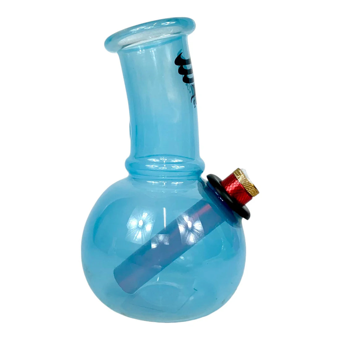 Blue glass bong with a red and black cap on a white background