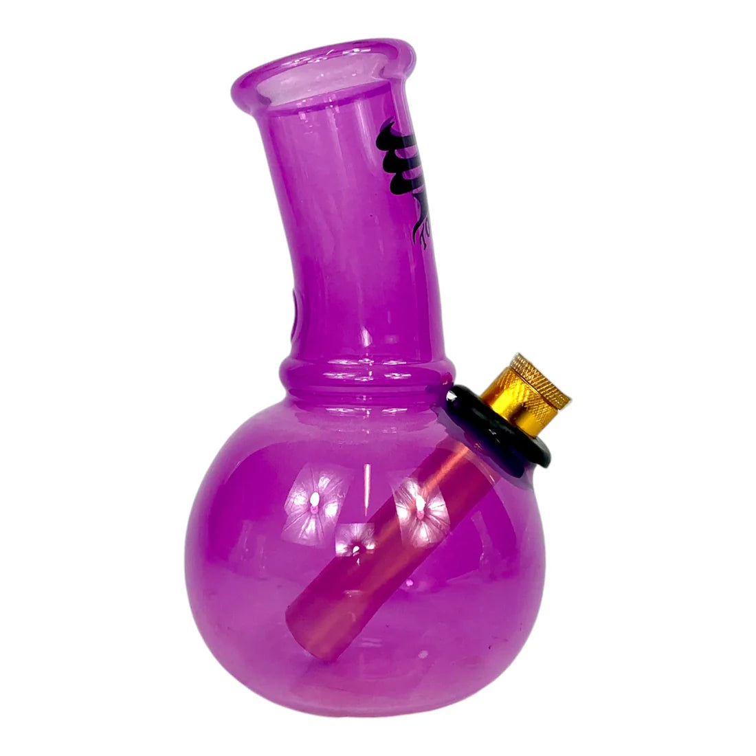 Purple glass water pipe with a gold accent on a white background
