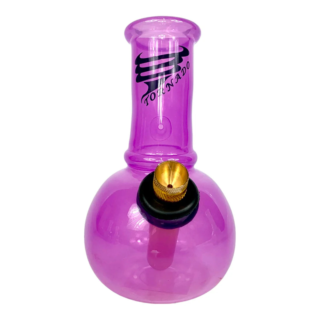 Purple glass water pipe with black and gold accents on a white background