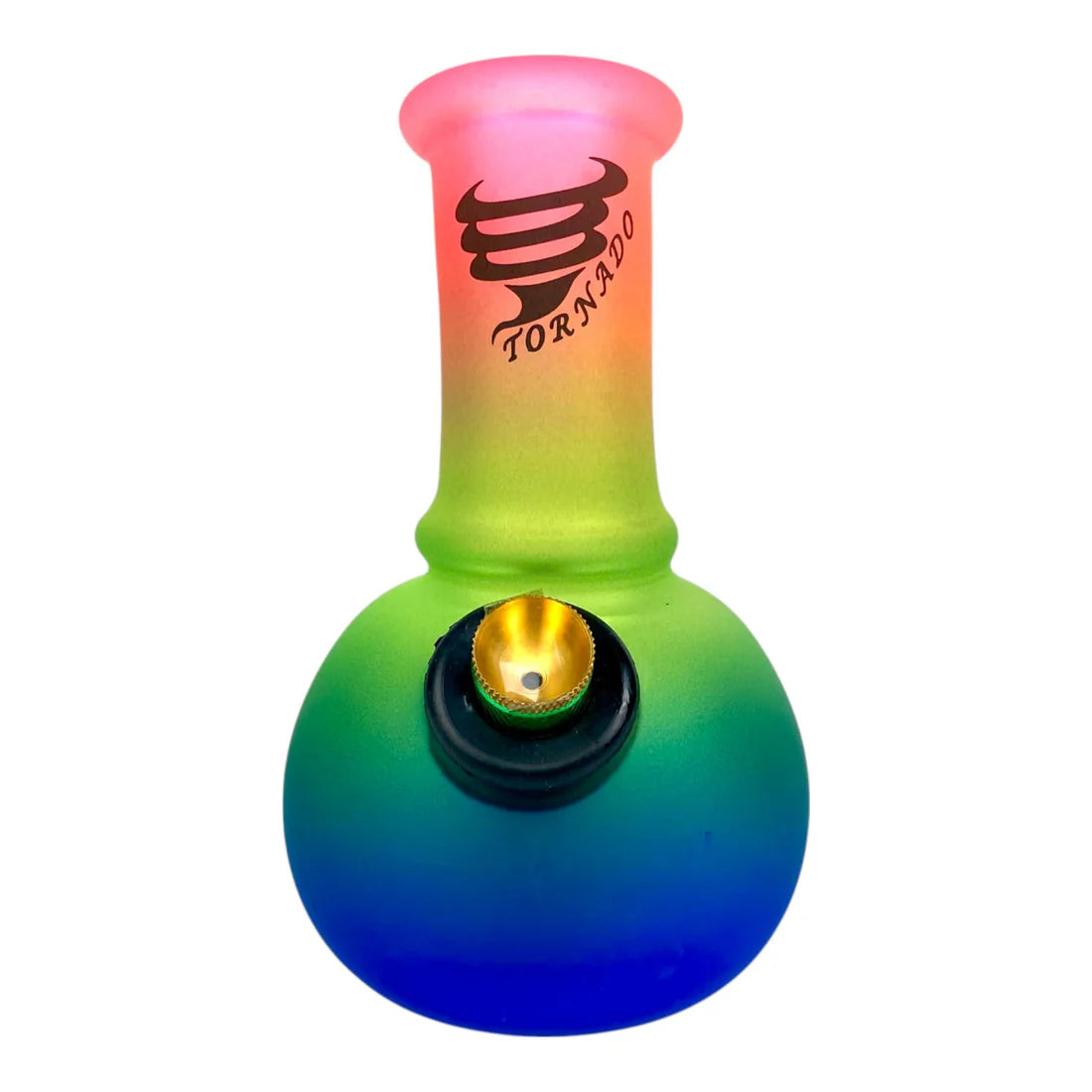 Colorful glass smoking accessory with gradient colors and 'Tornado' branding on a white background.