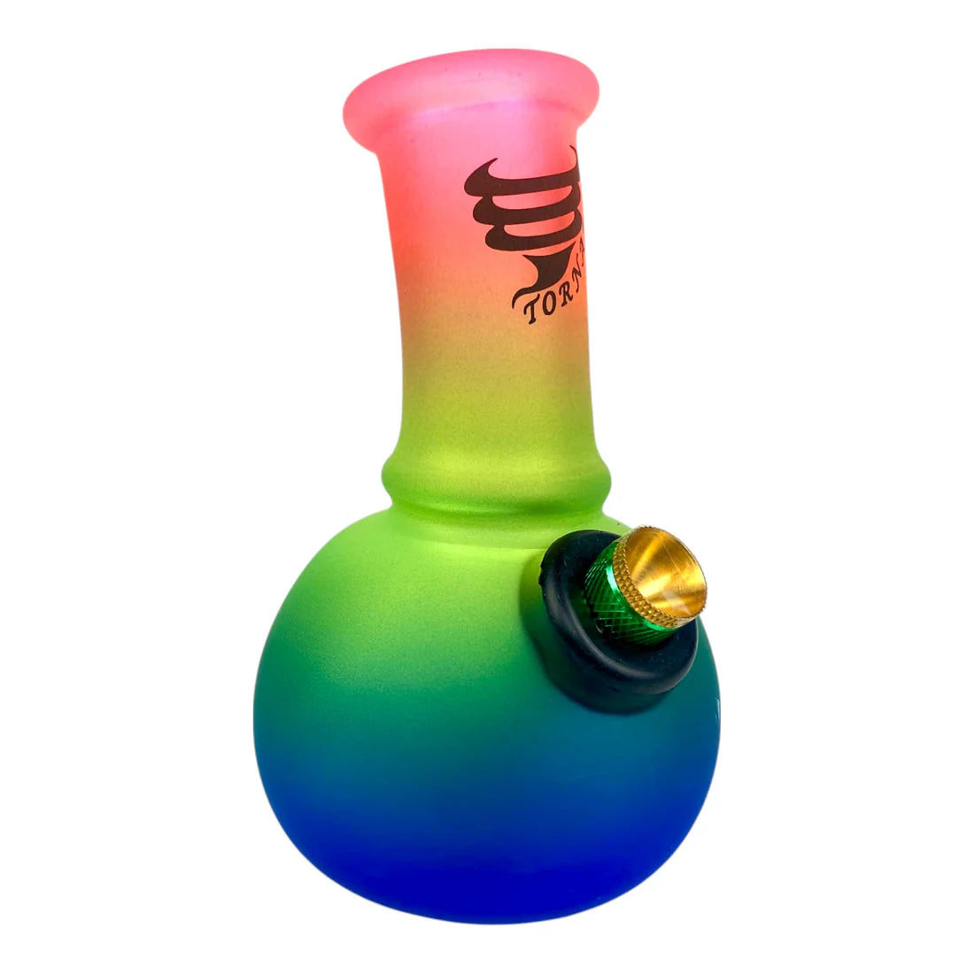 Gradient-colored glass pipe with a logo on a white background