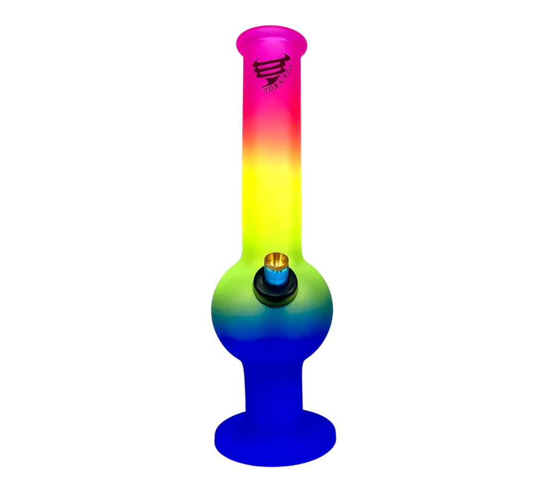 Multicolored glass smoking device with gradient from purple to blue on a white background
