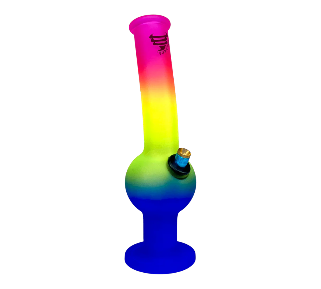Gradient-colored glass bong on a white background
