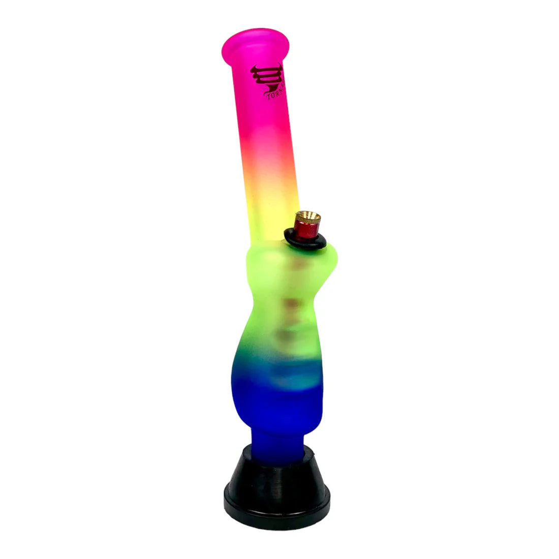 Colorful glass smoking device with gradient colors on a white background