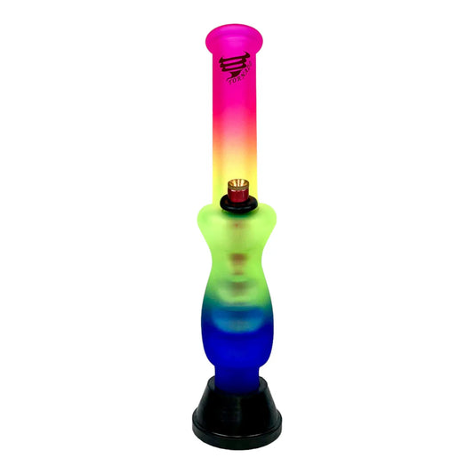 Colorful glass smoking device with gradient colors on a white background