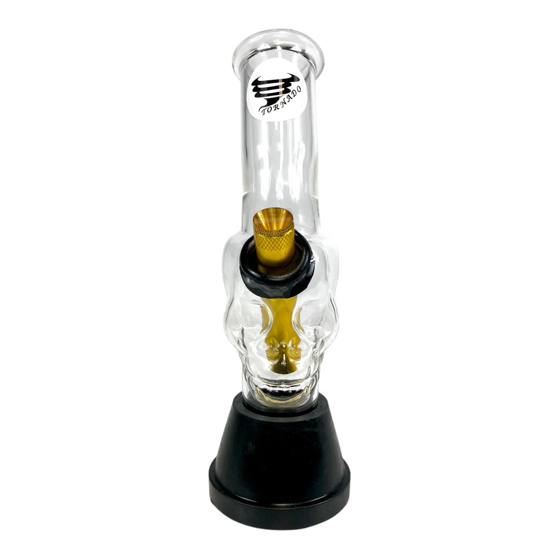 Glass smoking device with black base and gold accent on a white background